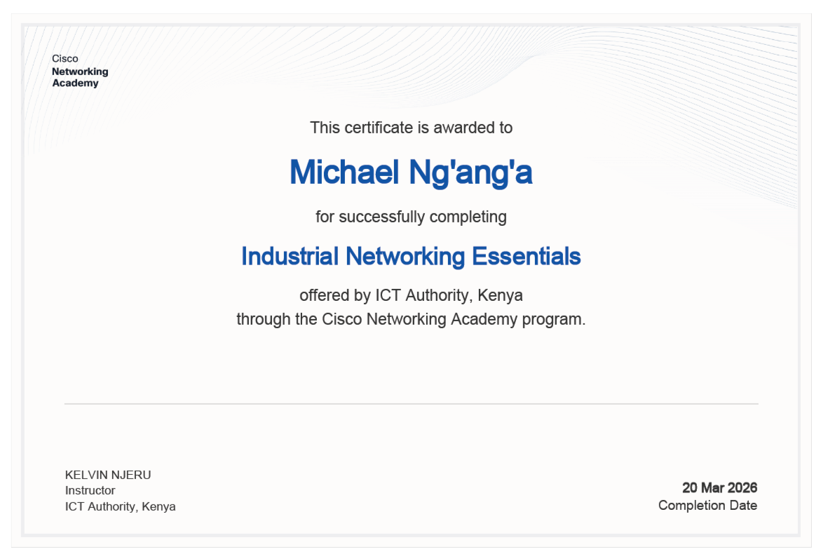 Cisco Network Technician Career Path certification badge featuring blue and white colors with Cisco logo and credential details